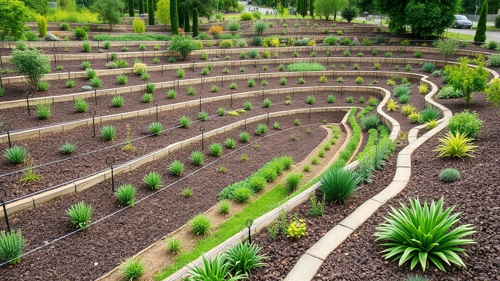 Panoramic view of a well-planned garden landscape with terraced beds on sloped terrain, drip irrigation lines, diverse plantings at different heights, and mulched areas demonstrating sustainable infrastructure and water management systems