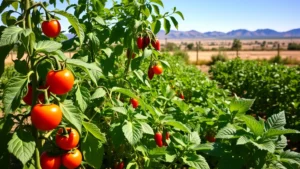 Lush vegetable garden with tomato plants, peppers, and leafy greens thriving in full sunlight during summer growing season, high plains landscape in background