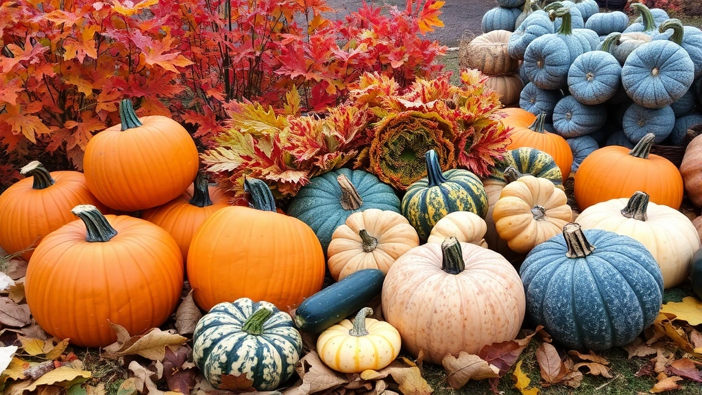 Fall harvest scene with mature pumpkins, squash, and cool-season crops arranged in garden setting with frost-touched foliage and autumn colors