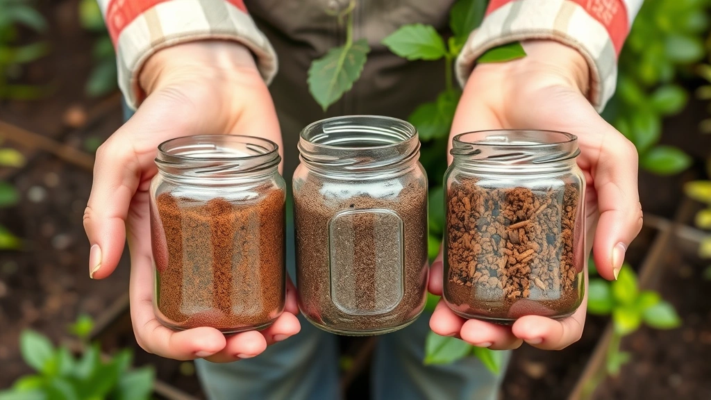 Gardener's hands holding soil samples in glass jars at different stages of preparation, showing rich dark loam, sandy mixture, and clay soil with green plants in background