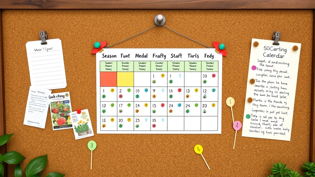 Overhead view of colorful gardening season calendar pinned on cork board with seed packets, plant markers, and handwritten seasonal task notes surrounding it