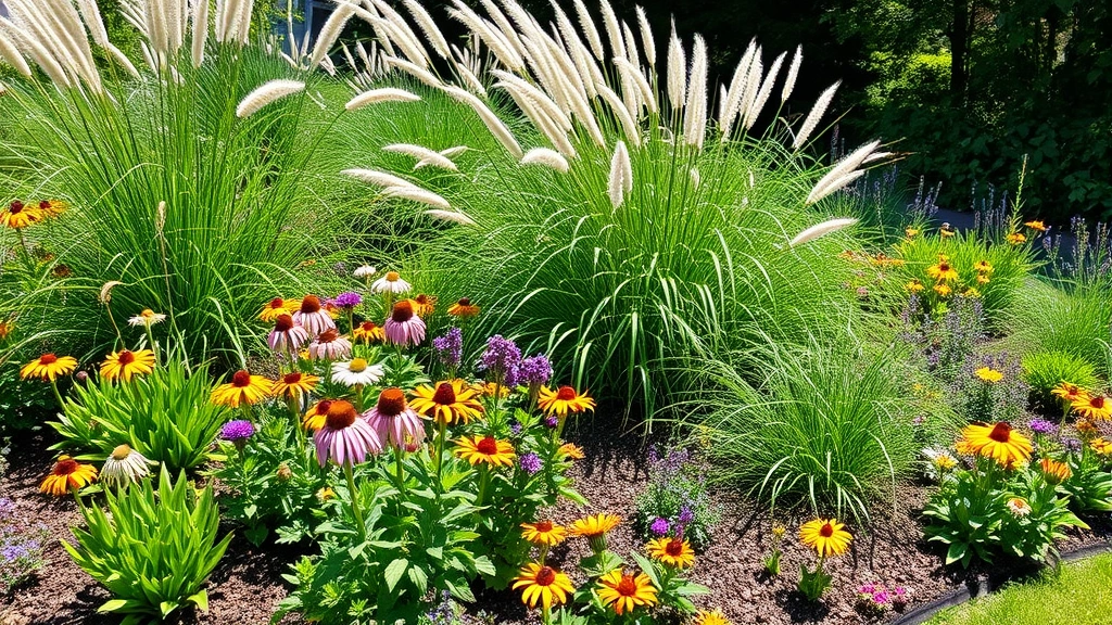 Lush garden beds with mixed perennials and ornamental grasses flourishing in full sunlight, featuring native Long Island plants like coneflowers and black-eyed Susans with rich mulch, bright afternoon light
