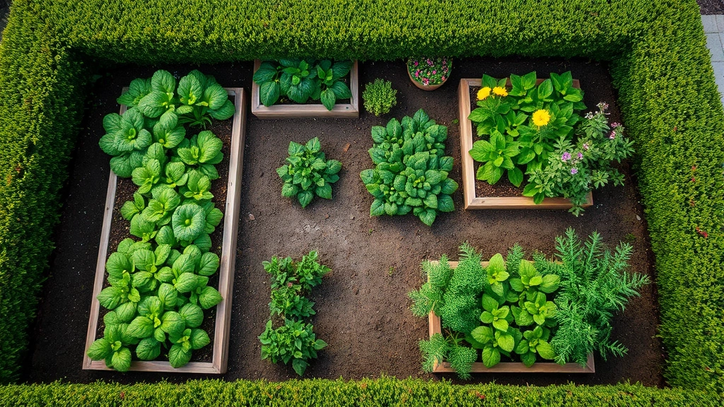 Overhead view of a well-maintained residential garden with raised beds containing vegetables, flowering plants, and herb garden bordered by neatly trimmed hedges, morning dew visible