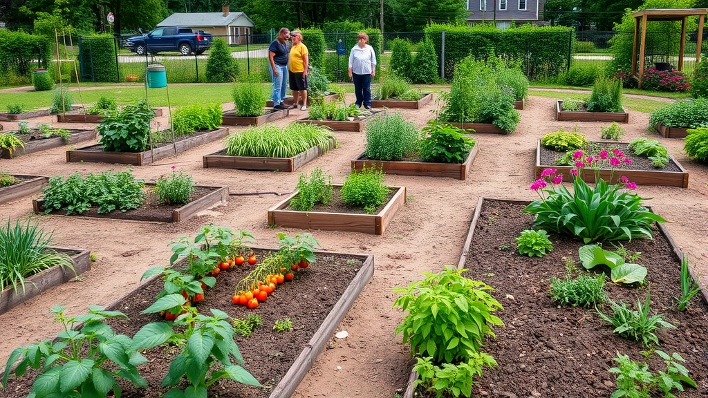 Community garden plot area with multiple individual gardens separated by pathways, featuring diverse plantings including tomato plants, herbs, and flowering perennials, residents working in background