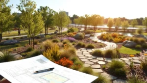 Professional landscape architect reviewing garden city park design plans with native plantings, pathways, and water features visible in background, sunny day, realistic detail