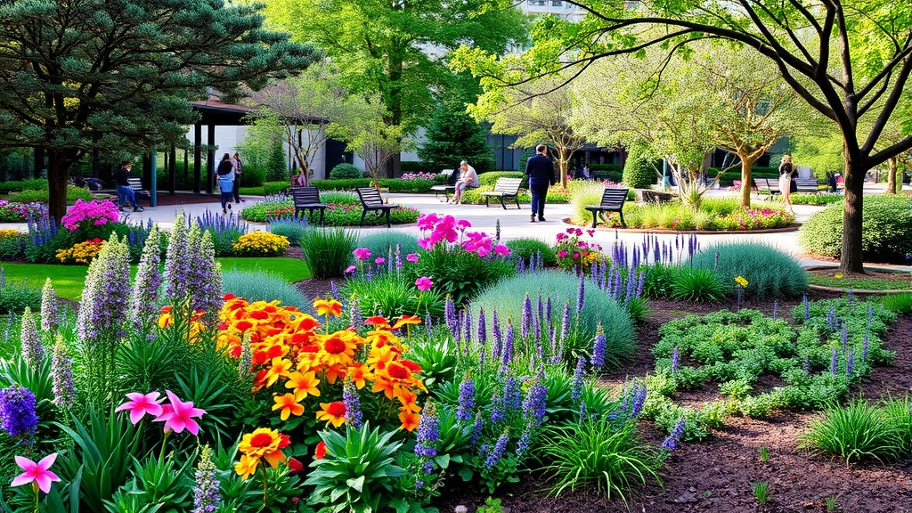 Vibrant urban garden park with diverse plantings including flowering perennials, native shrubs, and specimen trees, visitors enjoying benches and pathways, natural lighting