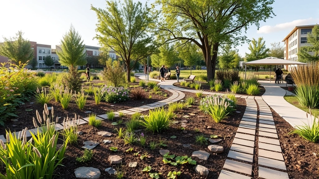 Sustainable garden city park featuring rain gardens, permeable pathways, native wetland plants, and community gathering spaces with shade structures, afternoon light