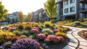 Urban garden city residential landscape with layered plantings, colorful perennials, and hardscaping pathways in morning sunlight, suburban home setting, photorealistic