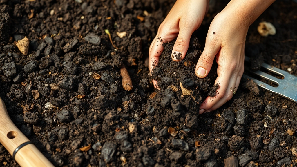 Close-up of rich dark garden soil being amended with compost, hands working organic matter into earth, gardening tools nearby, natural daylight, detailed texture