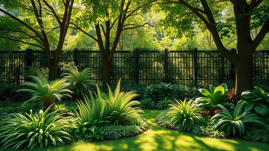 Shaded garden city corner with hostas, ferns, and shade-tolerant plants creating lush green space, dappled sunlight through trees, peaceful serene atmosphere, photorealistic