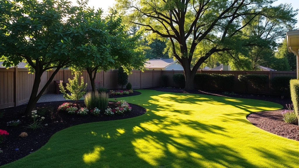 Sunlit residential backyard with mixed garden beds, flowering plants, and mature trees casting strategic shadows across lush green lawn, showing optimal sun exposure patterns throughout the day
