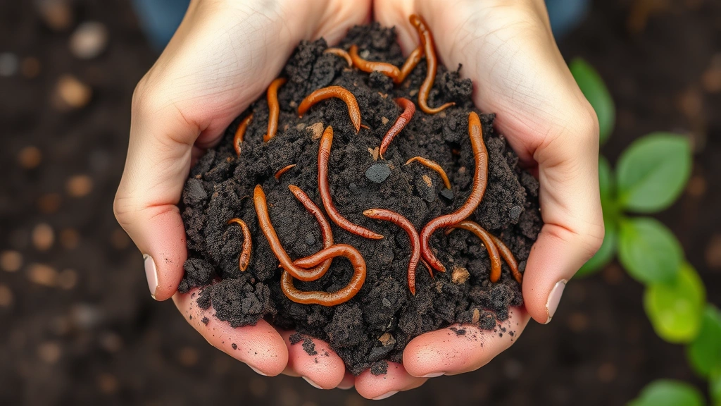 Close-up of rich dark garden soil with visible earthworms, organic matter, and healthy texture being held in hands, demonstrating excellent soil quality for vegetable and flower gardening