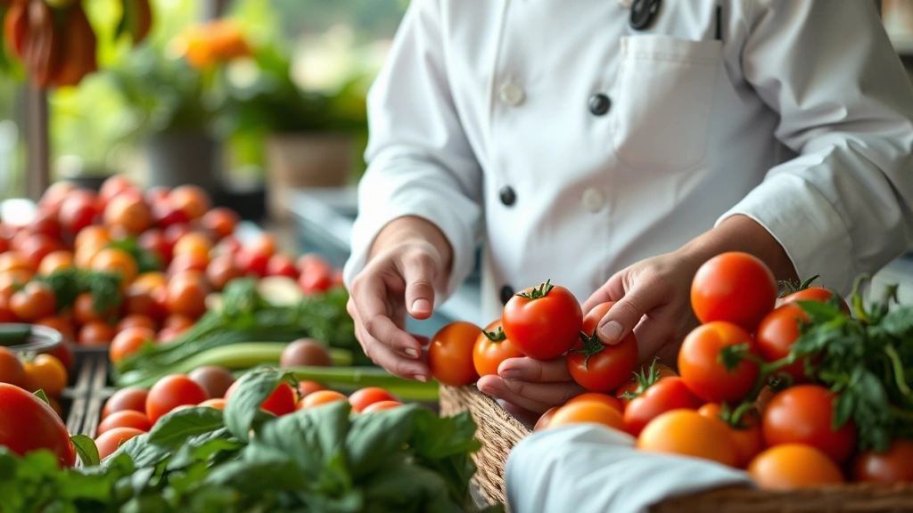 Chef selecting fresh heirloom tomatoes at farmers market, vibrant red and orange varieties, professional kitchen setting background, natural morning light, close-up of hands examining produce quality