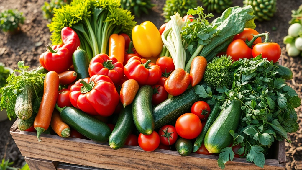 Wooden crate filled with diverse freshly harvested vegetables including peppers, zucchini, tomatoes, and herbs, arranged for farmers market display, rustic farm setting, morning dew on produce, natural sunlight
