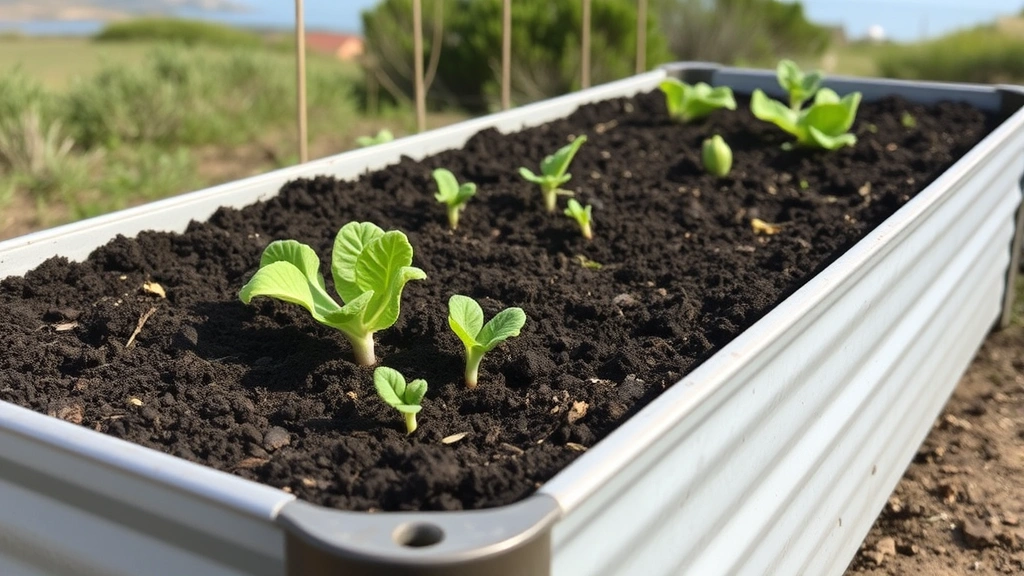 Raised galvanized steel garden bed filled with dark composted soil amendment, spring vegetables sprouting including lettuce and broccoli seedlings, coastal landscape background