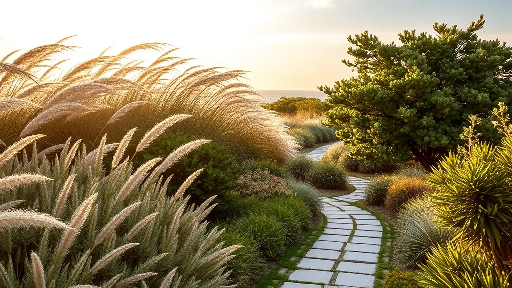 Salt-tolerant ornamental plants including wax myrtle and yaupon holly creating windbreak along coastal garden pathway, ocean breezes evident from plant movement, golden afternoon light