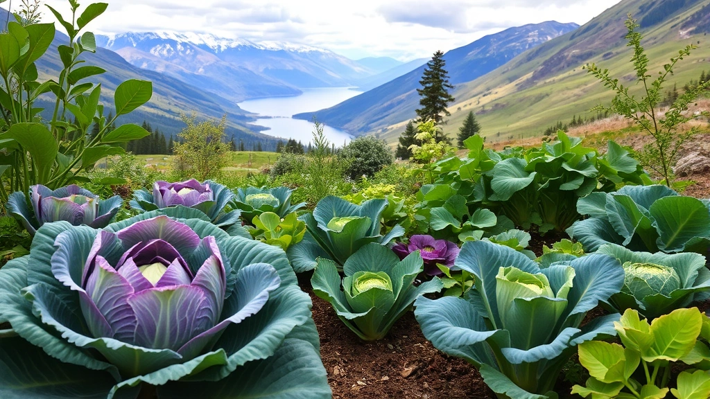 Mountain valley garden with cool-season vegetables including cabbage, broccoli, and leafy greens thriving in a high-altitude setting near a mountain lake