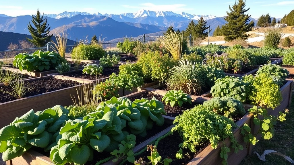 Raised garden beds containing diverse vegetables and herbs at high elevation, with snow-capped mountains visible in background and morning frost on plants