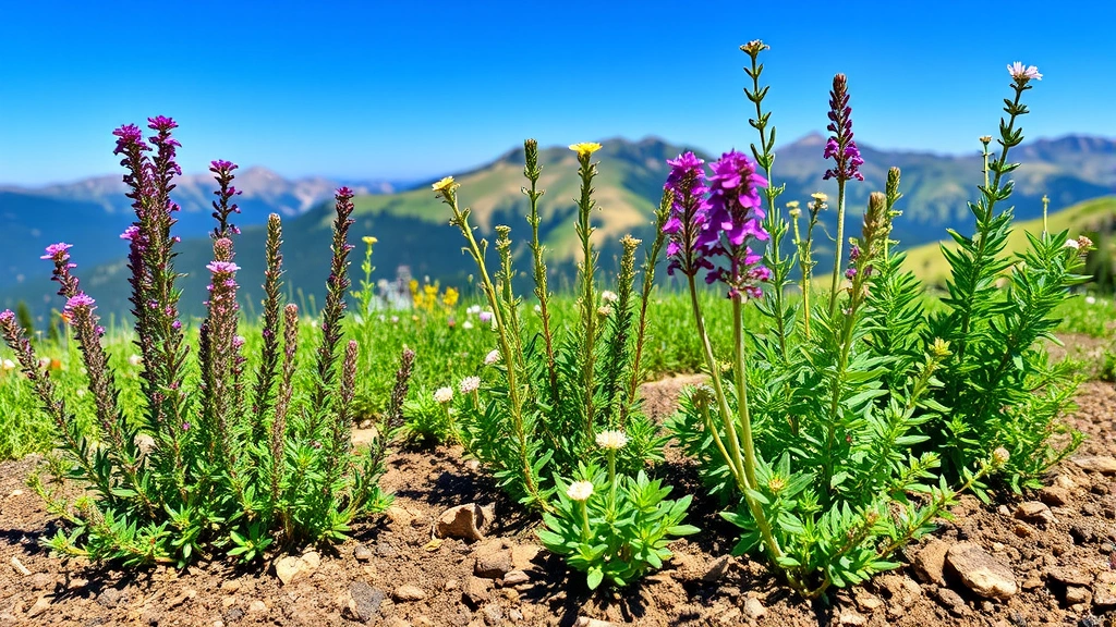 Alpine perennial herb garden featuring thyme, oregano, and marjoram growing in well-draining soil with mountain landscape and blue sky visible