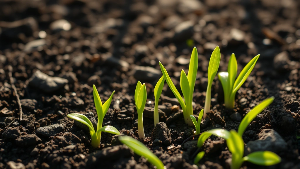 Spring garden with young seedlings emerging from rich dark soil, green shoots breaking through earth, morning sunlight illuminating fresh growth, moisture droplets on new leaves