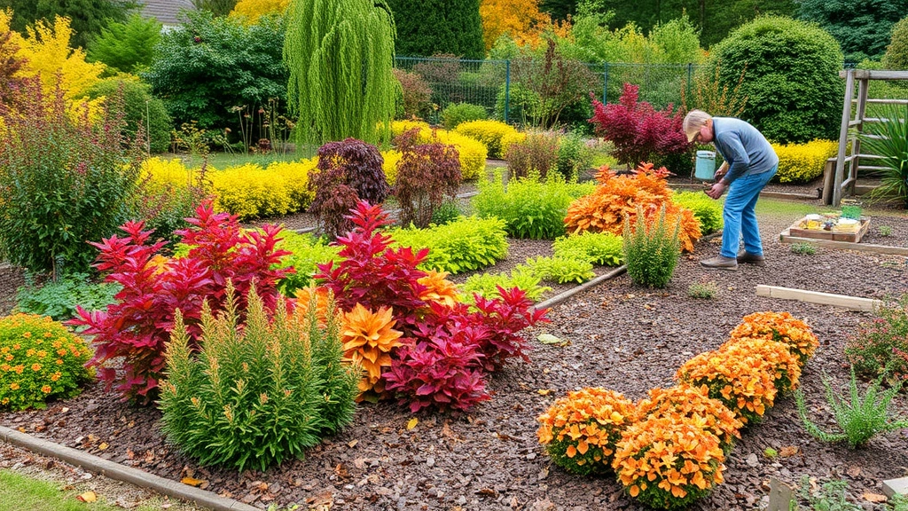 Fall garden transition showing colorful foliage changes, cool-season crops thriving, mixed perennials and shrubs with autumn tones, gardener preparing beds with mulch and compost, preparatory work visible