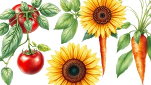 Photorealistic watercolor-style botanical illustrations of various garden plants including tomato, basil, sunflower, and carrot with detailed leaves and stems on white background