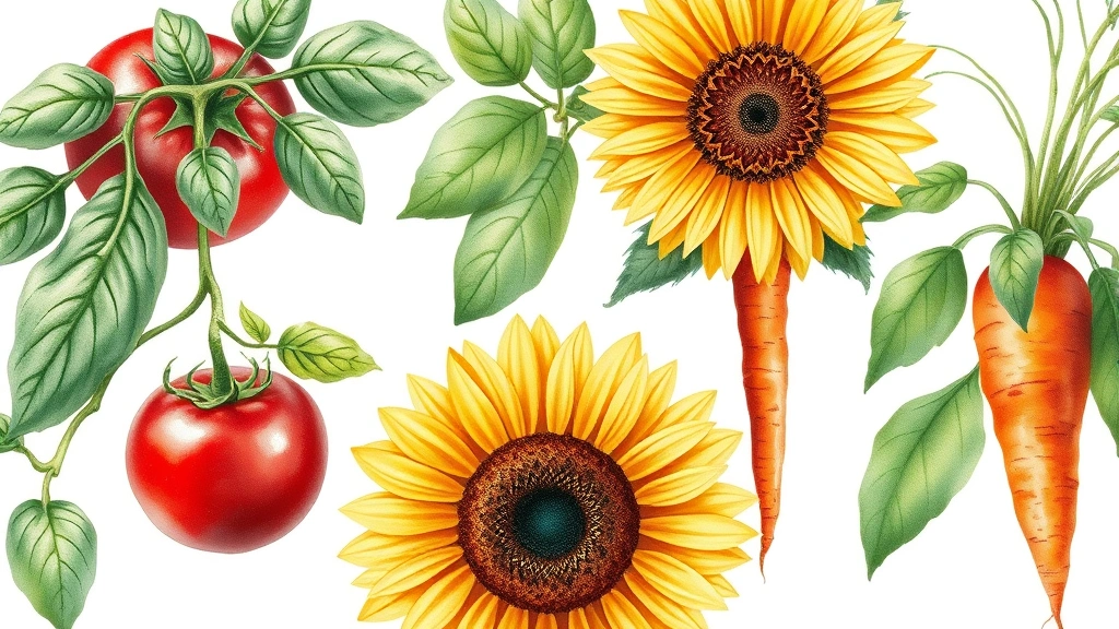 Photorealistic watercolor-style botanical illustrations of various garden plants including tomato, basil, sunflower, and carrot with detailed leaves and stems on white background