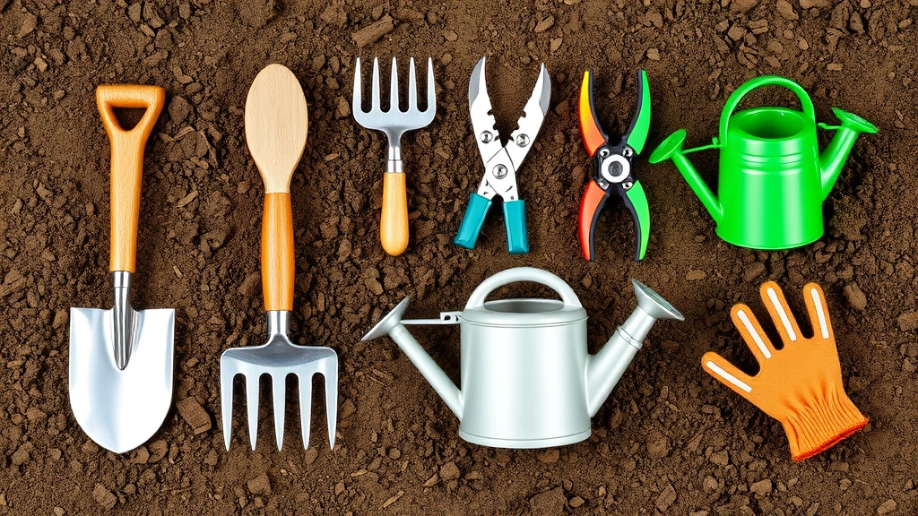 Vibrant collection of realistic garden tool icons showing spade, rake, pruners, watering can, and gloves arranged on natural garden soil background