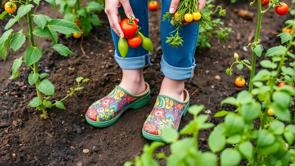 Gardener wearing colorful slip-on garden clogs while standing in vegetable garden bed surrounded by tomato plants and wet soil, hands holding harvested vegetables