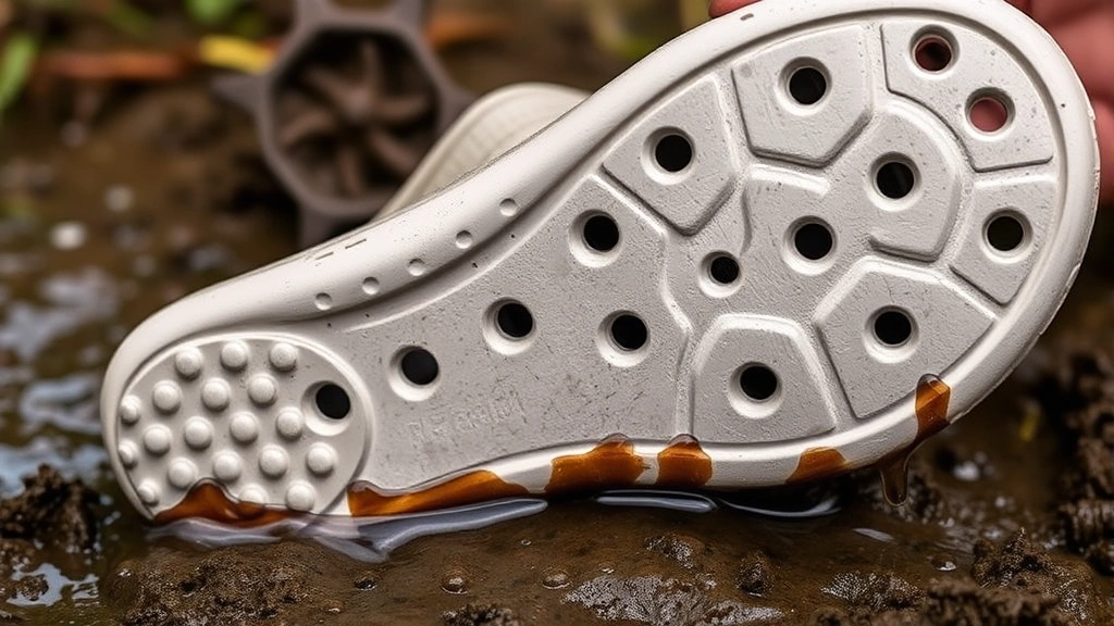 Close-up of garden clog sole showing drainage holes and slip-resistant tread pattern with water droplets and mud, demonstrating water management design
