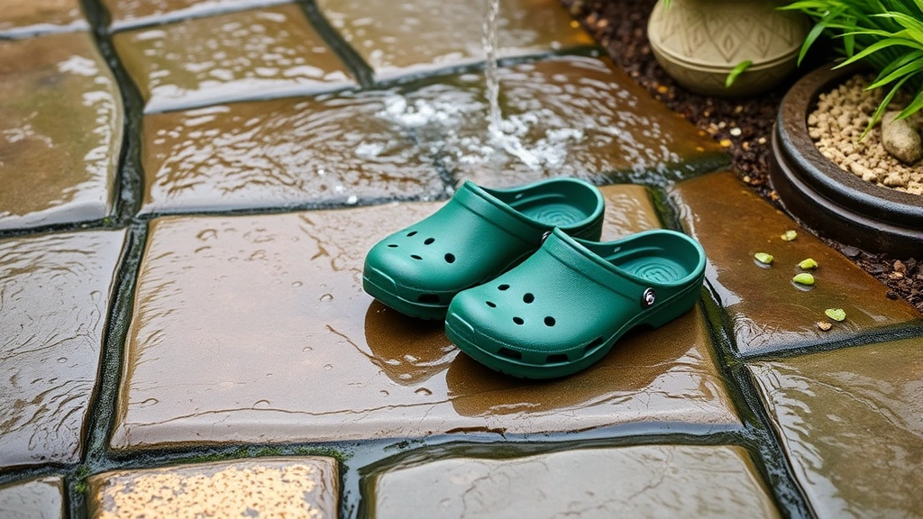 Pair of garden clogs placed on wet garden stone pathway with water streaming across them, showcasing drainage and water resistance features in practical setting