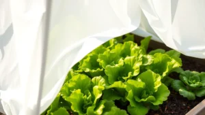 Close-up of white shade cloth draped over vibrant green lettuce and leafy greens in a raised garden bed, morning sunlight filtering through the fabric, showing healthy leaf texture