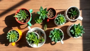 Overhead view of colorful mismatched teacups and ceramic vessels filled with thriving succulent plants of varying sizes arranged on a wooden table with natural morning light casting shadows