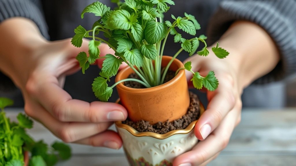 Close-up of hands carefully repotting a healthy green herb plant from a small terracotta cup into a slightly larger decorative ceramic cup with fresh potting soil visible