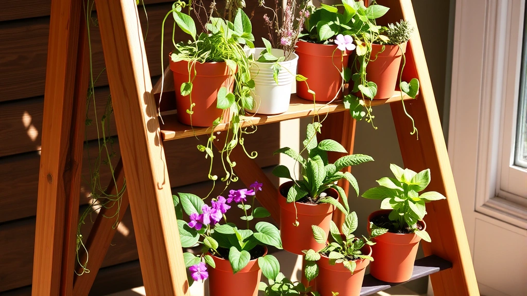 Tiered wooden plant stand displaying multiple garden cups with cascading trailing plants like string of pearls and pothos, mixed with flowering African violets and small herb plants in afternoon sunlight
