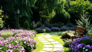 Lush garden with curved stone pathway, manicured flower beds in soft purple and white tones, wooden garden bench positioned overlooking planted areas, dappled sunlight through mature trees, inviting and serene landscape