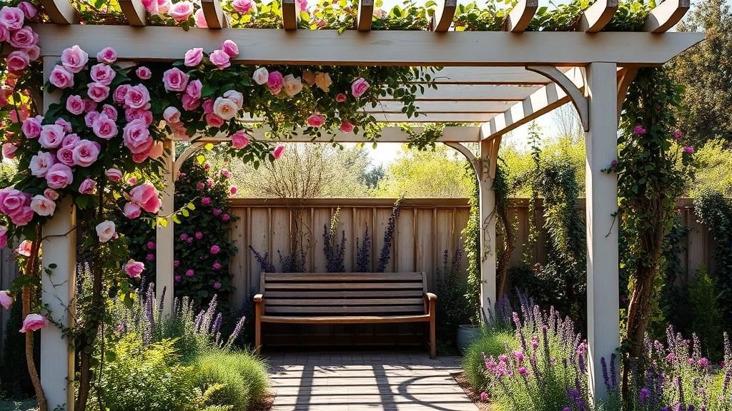 Ornamental pergola draped with climbing roses and clematis vines, rustic wooden seating area beneath structure, mixed perennial borders with varied textures and heights, natural afternoon lighting creating shadows and depth