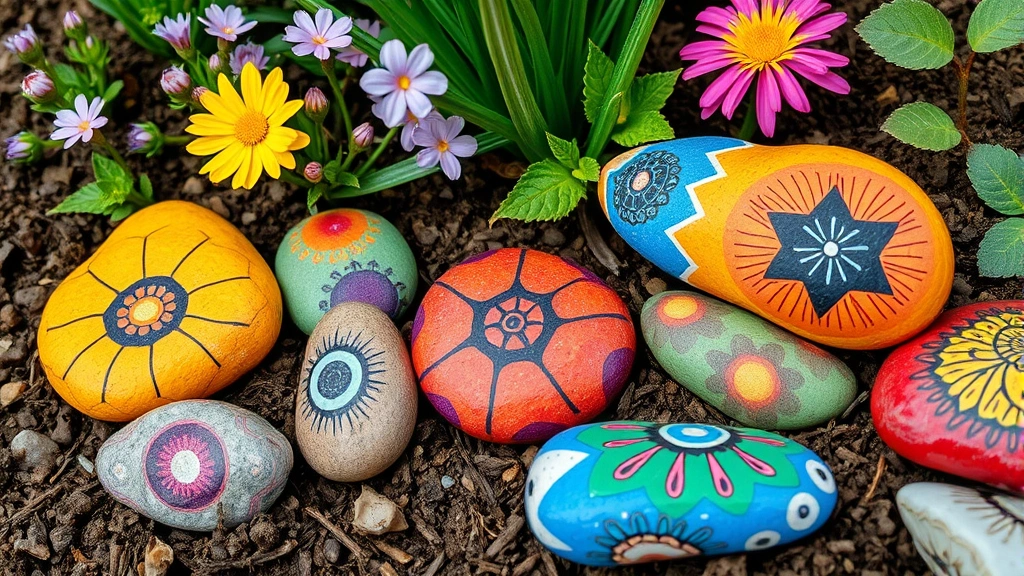 Close-up of colorful painted river rocks arranged in garden soil near flowering plants, showing geometric patterns and botanical designs with vibrant outdoor colors