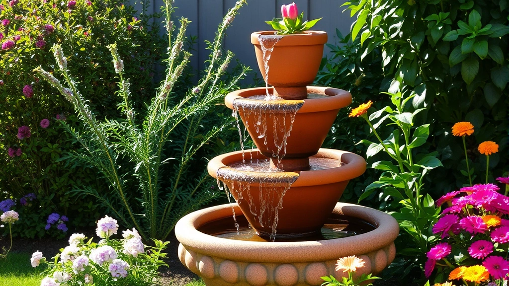 Rustic tiered water fountain made from stacked ceramic pots with water cascading down, surrounded by lush green foliage and flowering perennials in afternoon sunlight