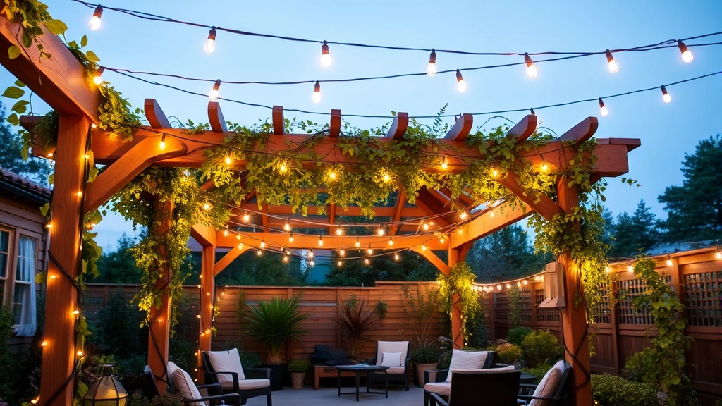 String lights draped overhead through wooden pergola structure with climbing vines, creating warm evening ambiance in garden seating area with comfortable outdoor furniture