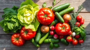 Overhead view of fresh garden vegetables arranged on weathered wooden table: ripe heirloom tomatoes, crisp lettuce varieties, cucumbers, radishes, and aromatic fresh herbs including basil and dill. Natural daylight streaming across the composition. No text or labels visible.