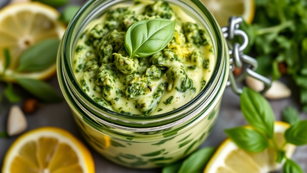 Close-up of vibrant herb butter compound spread with fresh basil leaves, garlic, and lemon zest on creamy butter in a glass jar. Scattered fresh herbs and citrus wedges surrounding the jar. Soft natural lighting highlighting the rich green color. No text or labels.