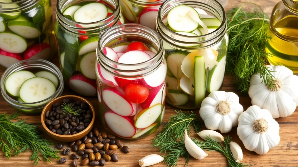 Pickling preparation scene with glass jars containing fermented vegetables—cucumber slices, radishes, onions—surrounded by fresh pickling ingredients: peppercorns, dill fronds, garlic cloves, and vinegar. Herbs and spices artfully arranged. No text or labels visible.