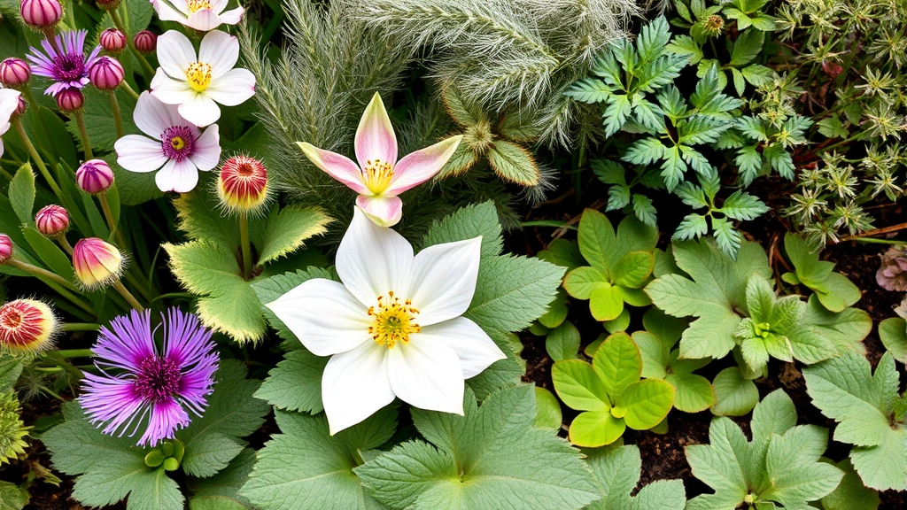 Close-up detailed botanical study showing various plant types: flowering perennials with visible petals and stamens, feathery foliage plants, climbing vines on structures, groundcovers spreading across soil, demonstrating different leaf shapes and textures in natural garden setting