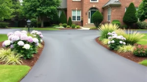 Professionally landscaped residential driveway with symmetrical planting beds featuring blooming hydrangeas, ornamental grasses, and boxwood shrubs on both sides of a clean asphalt driveway leading to a brick home entrance