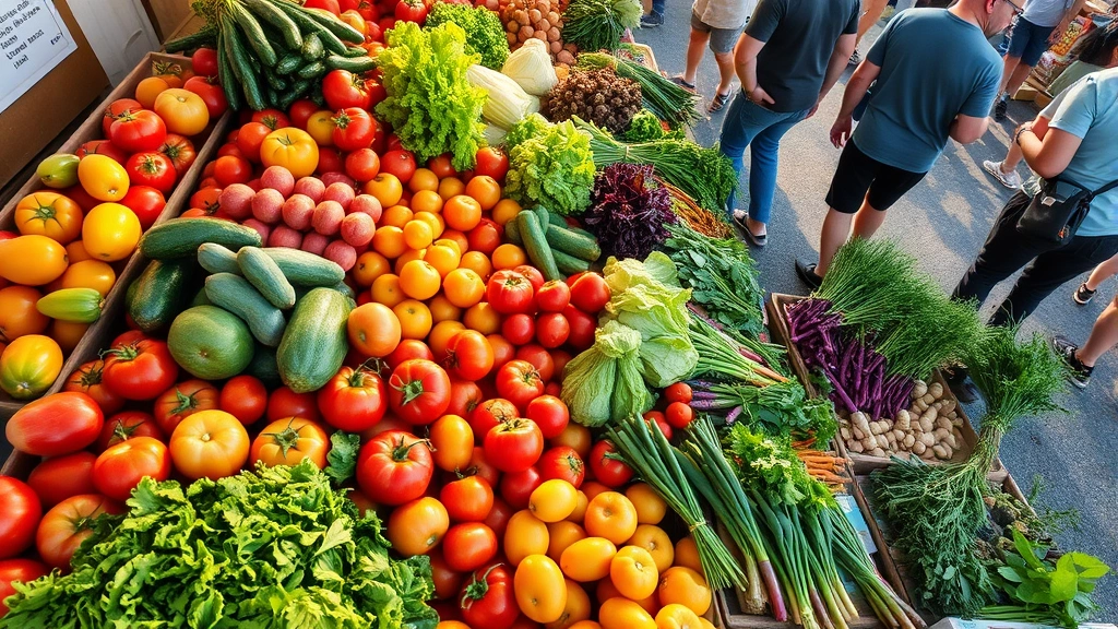 Overhead shot of colorful fresh vegetables arranged at a farmers market stall, including heirloom tomatoes, vibrant lettuces, fresh herbs in bundles, and root vegetables, with customers browsing in soft morning sunlight