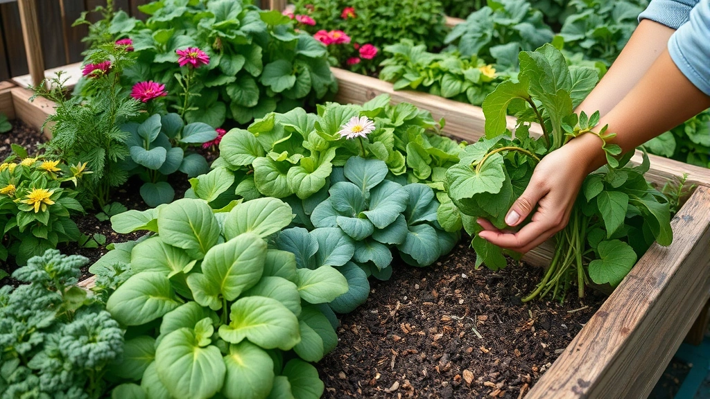 Close-up of raised garden beds overflowing with lush leafy greens, herb plants, and flowering vegetables, showing healthy soil and professional mulching, with a farmer's hands harvesting fresh produce