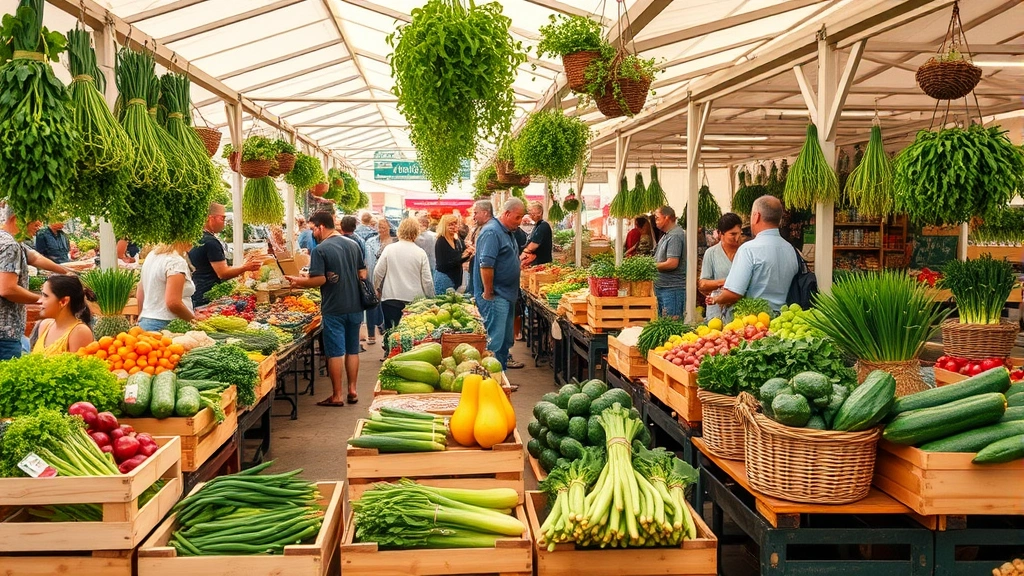 Vibrant farmers market scene with multiple vendor stalls displaying fresh local produce, hanging herbs, and vegetables in attractive wooden crates and baskets, with diverse customers shopping and community atmosphere