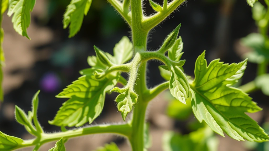 Close-up of vibrant green tomato plant leaves with visible new growth and healthy foliage, showing well-developed stems and branches in natural sunlight, garden background blurred