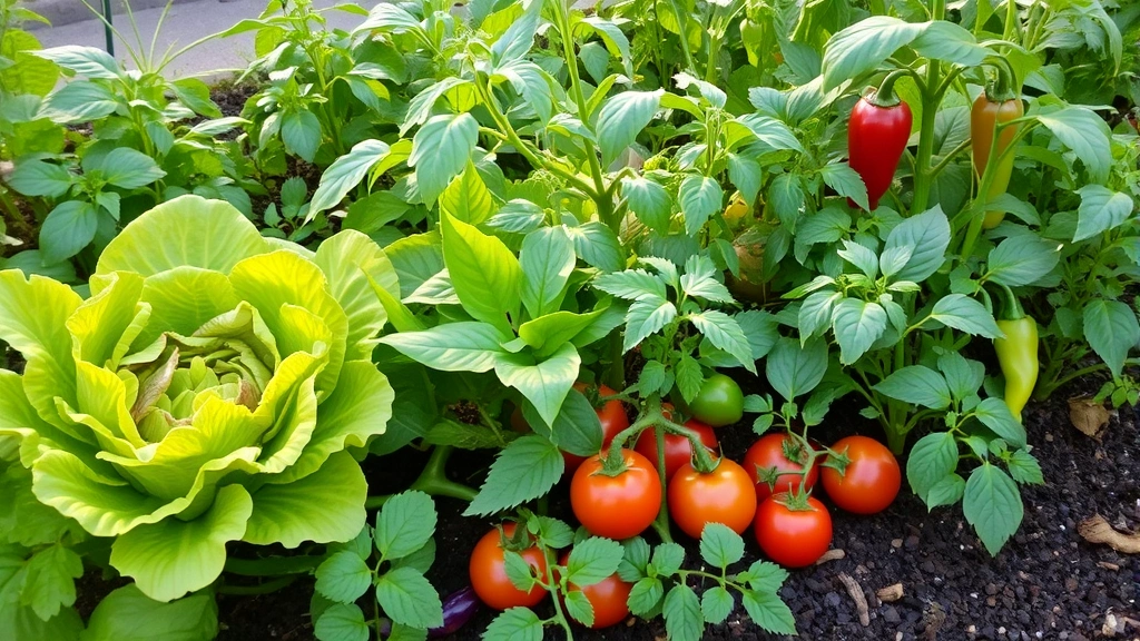 Diverse vegetable garden in full growth showing healthy lettuce, tomatoes, peppers, and herbs with lush green foliage, morning light, rich dark soil visible at base of plants